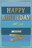 Understated yet celebratory, this blue and gold birthday card is presented as though resting on a console table in a Fulham home, ready to greet someone on their special morning. The base design is made of wide, horizontal stripes of blue, running from left to right and stacked from top to bottom. The uppermost stripe is a rich navy, followed by bands of medium and teal-tinged blues, finishing with a soft pale blue at the lower edge. These carefully chosen tones blend into a restful ombre, evoking the steady colour shift of the London sky along the Thames near Sands End. In the center, the card's primary message, HAPPY BIRTHDAY, appears in tall, embossed gold capital letters. The metallic gold has a warm, subtle gleam, bright enough to feel festive but never brash, and the embossing gives each letter a raised, tactile quality. Just beneath this main greeting, a single, elegant gold flourish runs horizontally, adding a hint of old-world charm. Below it, three neat gold banners are aligned in a vertical stack, each banner holding a portion of the greeting: Relax, have a great day and enjoy! These banners mirror the same metallic finish, connecting visually with the heading and flourish. A fine gold line frames the entire front of the card, providing a discreet but effective boundary around the stripes and lettering. The cardstock looks thick and smooth, with the matte blues contrasting against the glossy embossed gold. This card feels ideal to accompany a carefully chosen bouquet from Flower Delivery Fulham, delivered around Parsons Green or North End Road to bring a sense of calm, golden happiness to a birthday celebration.